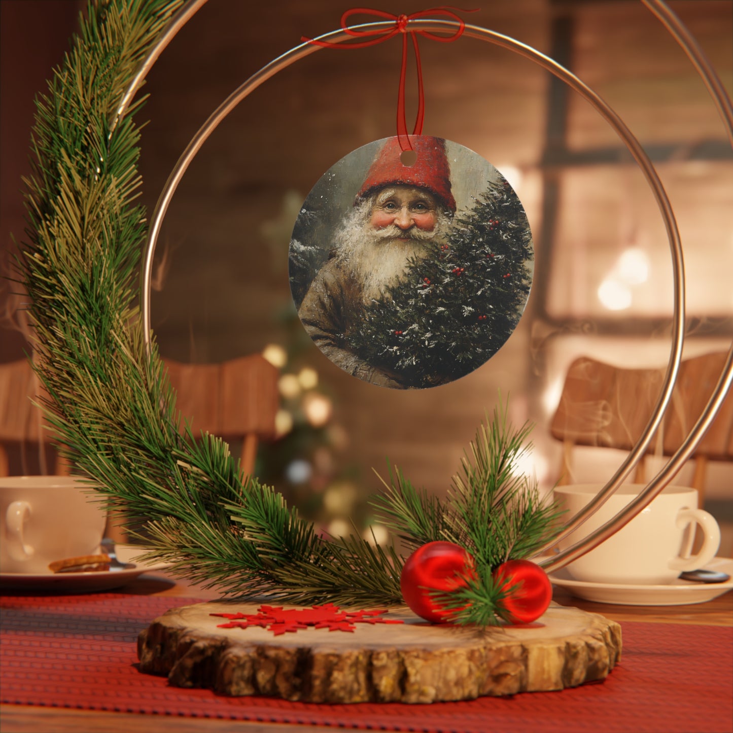 Gnome with Tree Ceramic Christmas Ornament
